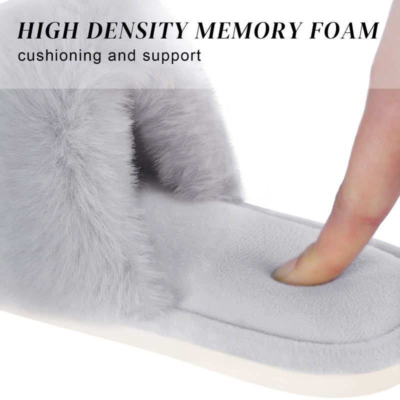 Parlovable Women's Faux Fur Slippers Fuzzy Flat Spa Fluffy Open Toe House Shoes Indoor Outdoor Slip on Memory Foam Slide Sandals Grey 9-10 - Image 3